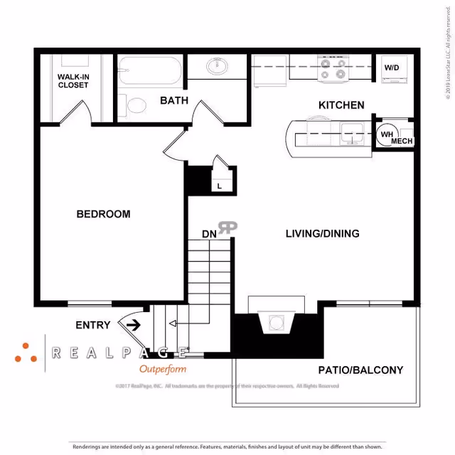 Floor plan layout of a one-bedroom apartment at Alden Courts of Waterford, showing a bedroom with walk-in closet, bathroom, kitchen with washer/dryer, living/dining area, entry, stairs going down, and a patio/balcony.