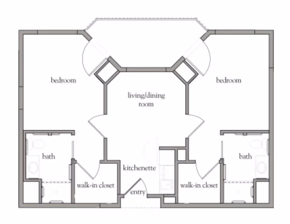 Floor plan of a living space at Atria Woodbriar Place showing two bedrooms, each with an attached bath and walk-in closet. The central area includes a living/dining room and a kitchenette near the entry.