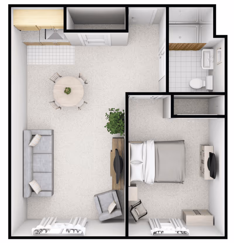 Top-down view of a one-bedroom apartment floor plan featuring a living room with a sofa, armchair, TV, and plant, a dining area with a round table and four chairs, a kitchen with a sink and cabinets, a bedroom with a bed, dresser, TV, and chair, and a bathroom with a shower, toilet, and sink.