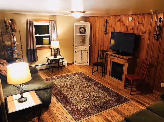 Wood-paneled living room with an area rug, couch and side tables with lamps, a TV on a wooden stand, chairs, and a corner cabinet.