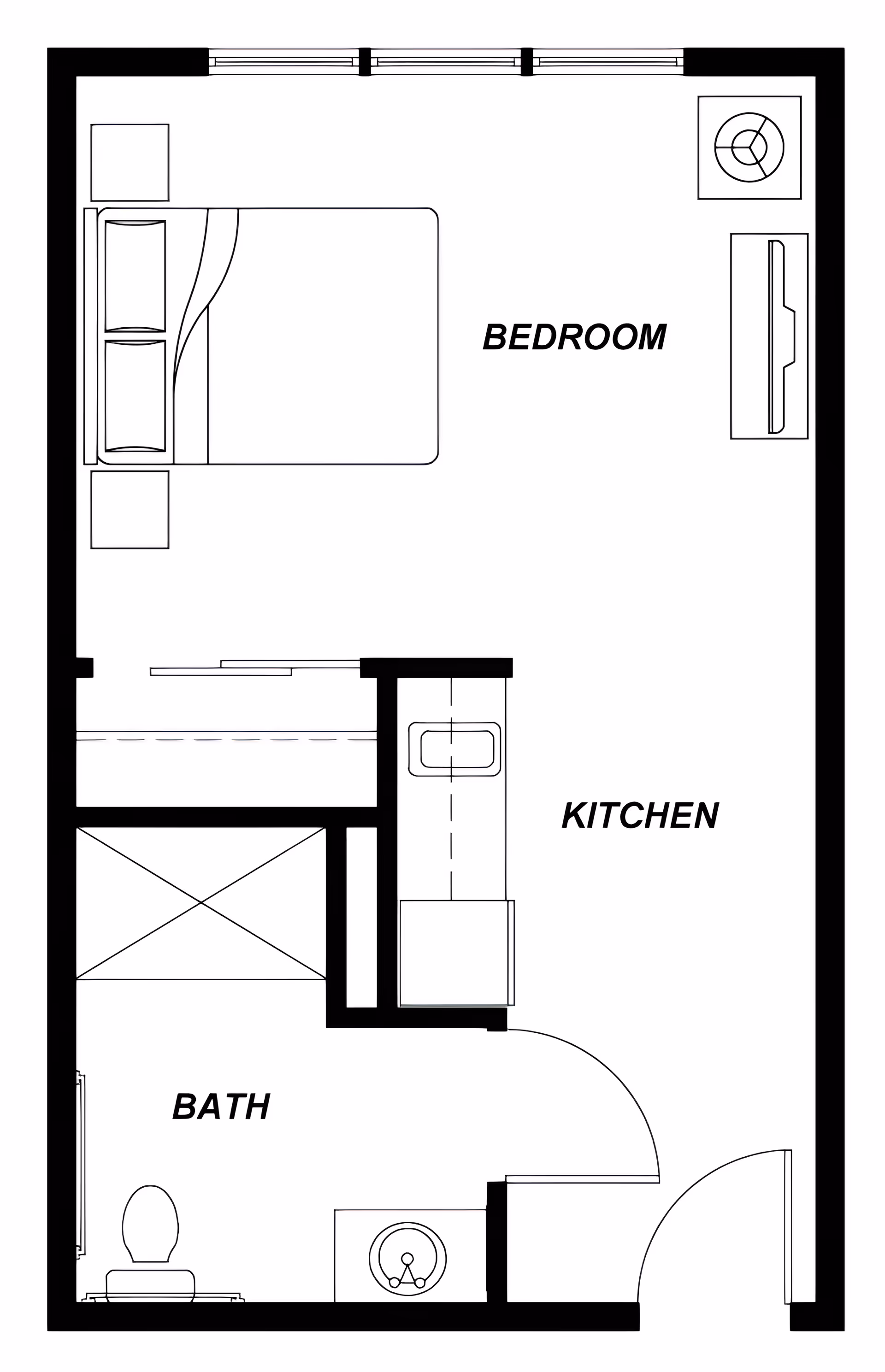 Floor plan of a small living space labeled Suzanne Elise Assisted Living Community, showing a bedroom with a bed and two nightstands, a kitchen area with a sink and stove, and a bathroom with a toilet and sink.
