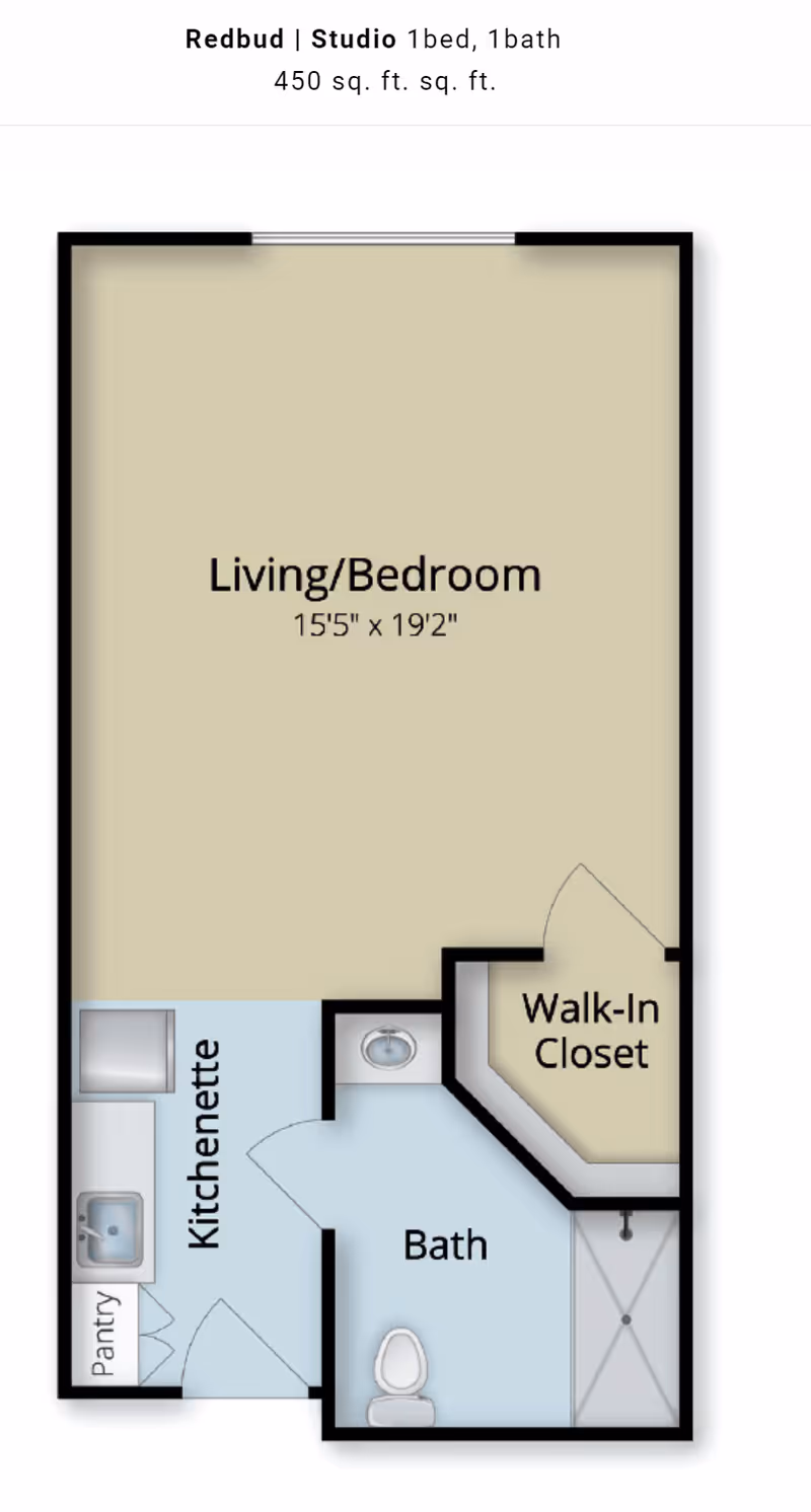 Studio floor plan showing a combined living/bedroom area, kitchenette, bathroom, and walk-in closet.