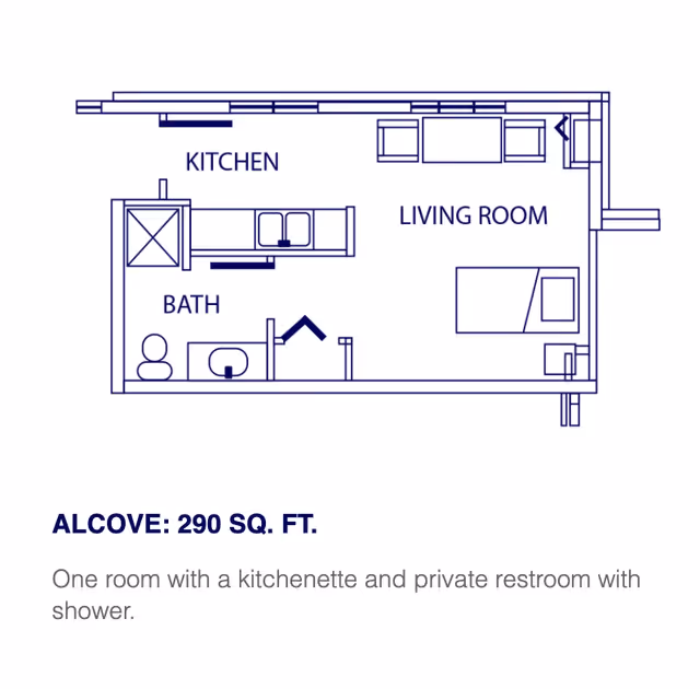 Blueprint floor plan of a 290 sq. ft. alcove showing a kitchenette, living room area, and a private bathroom.