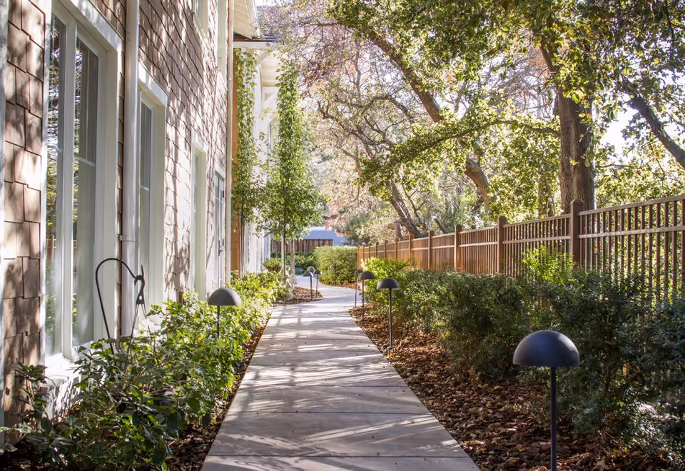 Sunlit paved walkway beside a building lined with low garden lights, shrubs, trees, and a wooden fence.