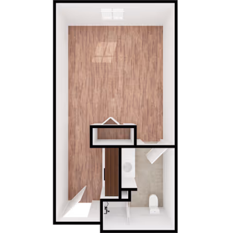Top-down view of a small apartment floor plan with a main living area featuring wood flooring, a bathroom with a toilet and sink, and an entryway. The living area has a window on one wall and a small closet near the entrance.