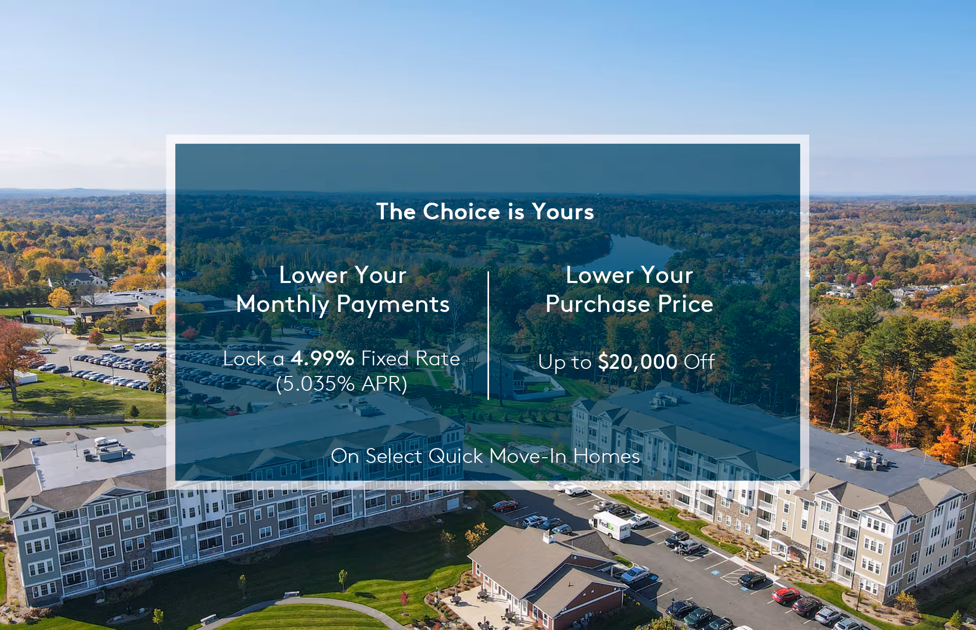 Aerial view of a senior living community surrounded by trees with autumn foliage. The image includes a promotional overlay offering lower monthly payments with a fixed rate and discounts on purchase price for select quick move-in homes.