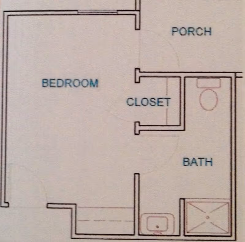 Architectural floor plan of a bedroom with an adjacent closet, bathroom (toilet, sink, shower) and a porch.