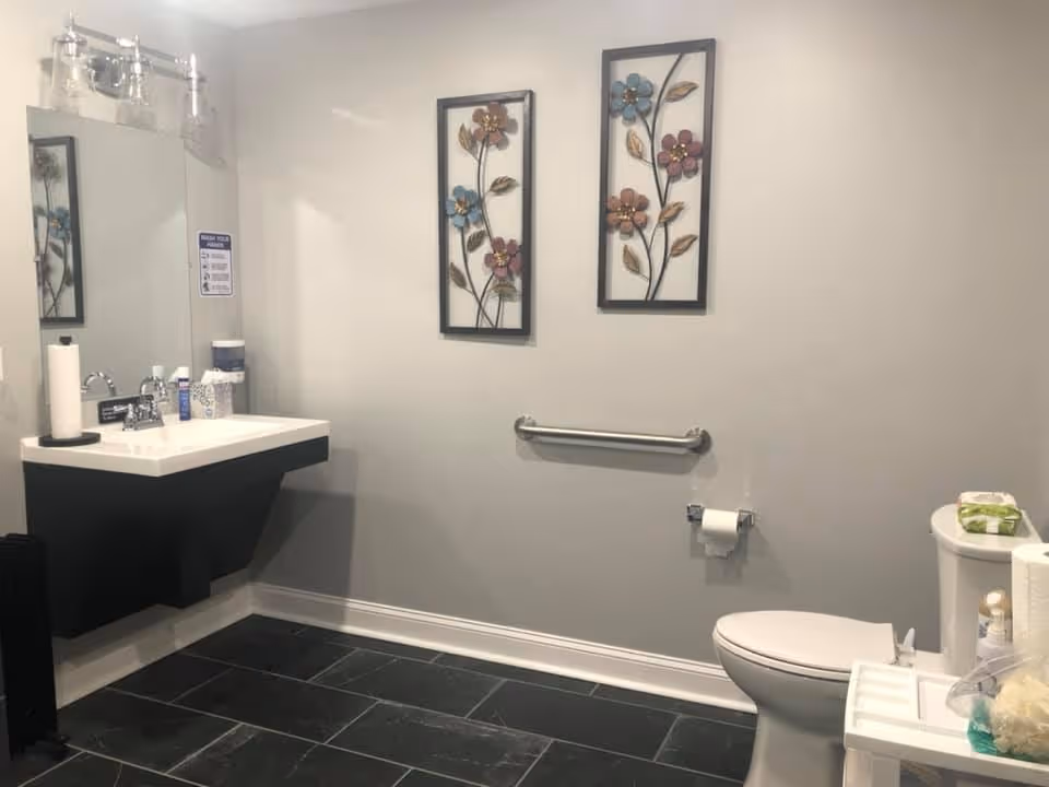 A clean and modern bathroom with a wall-mounted sink, a large mirror above it, and two decorative floral wall hangings. There is a toilet with a roll of toilet paper on the wall and a grab bar installed for support. The floor is tiled with dark tiles, and the walls are painted light gray.