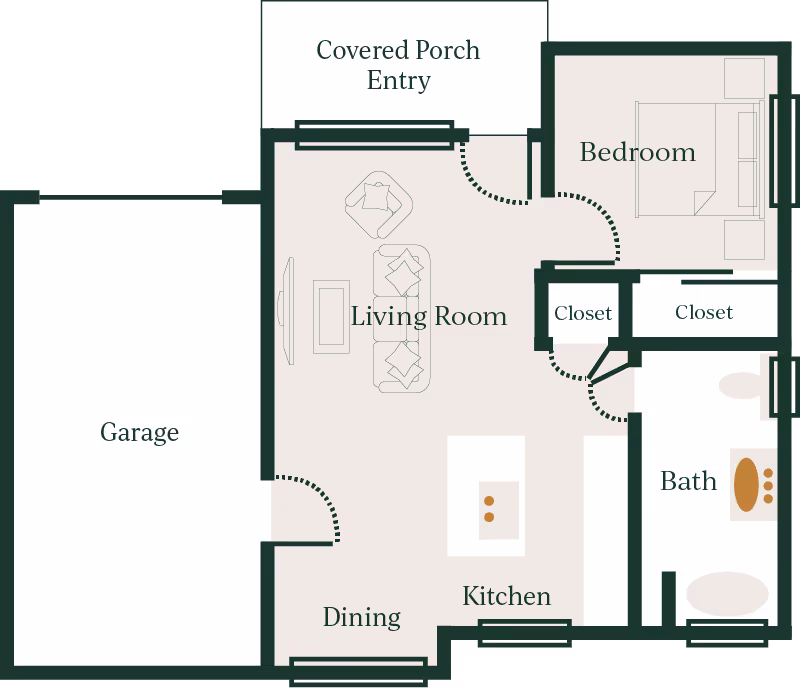 Floor plan of a residential unit at The Lodge at Mallard's Landing showing a covered porch entry, living room with seating, bedroom with two closets, bathroom, kitchen with island, dining area, and attached garage.