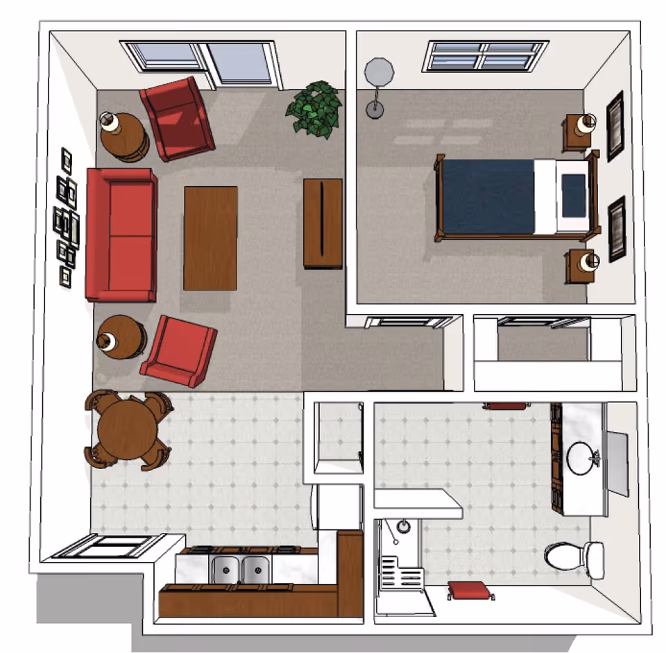 Top-down floor plan of a senior living apartment at Cedarhurst of Oakwood, showing a living room with red sofa and chairs, a bedroom with a single bed and two nightstands, a kitchen with a round dining table and chairs, and a bathroom with a shower, toilet, and sink.