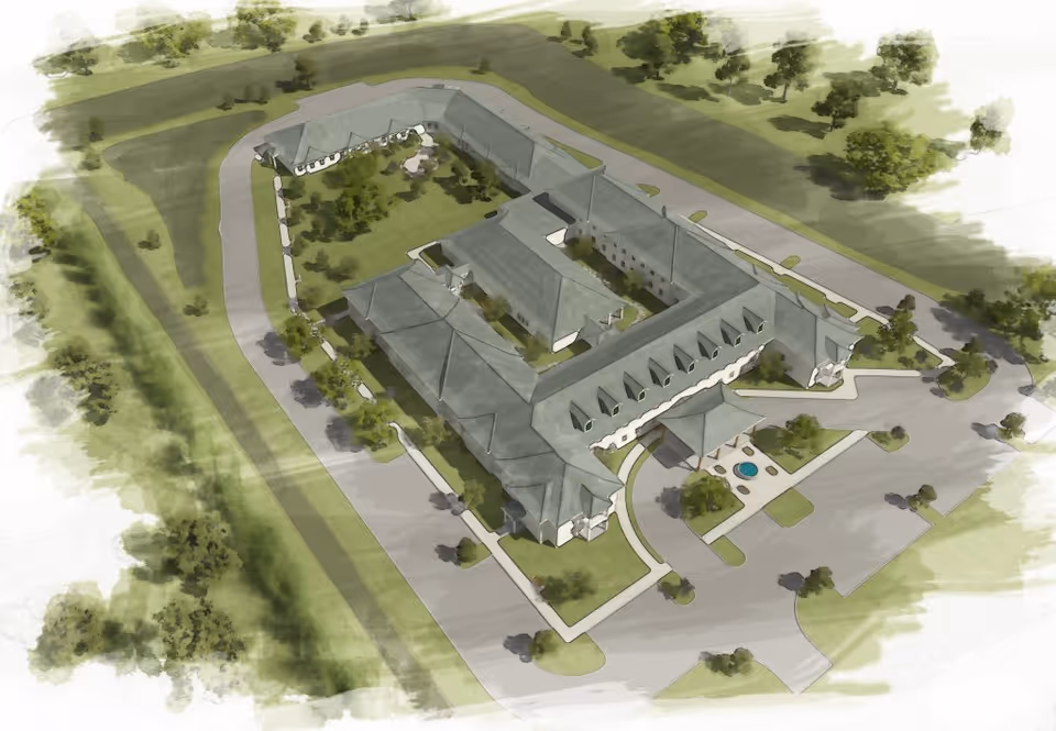 Aerial watercolor-style rendering of a senior living building complex with driveways, landscaping, and a central courtyard.