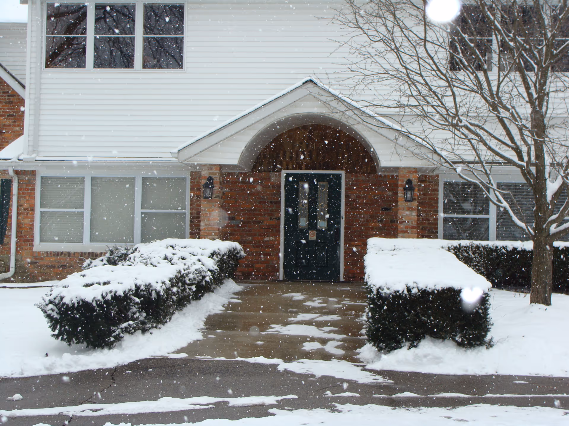 Front entrance of a building with a dark green door, brick and white siding exterior, snow-covered bushes and ground, and snow falling. A leafless tree is on the right side of the entrance.