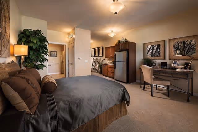 A spacious bedroom with a large bed covered in gray and brown bedding. To the right, there is a wooden desk with a chair, two framed pictures of trees on the wall above it, and a desk lamp. On the far wall, there is a kitchenette area with a refrigerator, cabinets, and a small countertop. The room is warmly lit with ceiling lights and a table lamp next to the bed. A large green plant is placed near the bed, and an open doorway leads to another room.