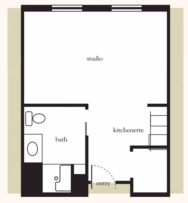 Floor plan of a studio apartment at Atria Briarcliff Manor showing an entry area, kitchenette, bath with toilet and sink, and a main studio living space.