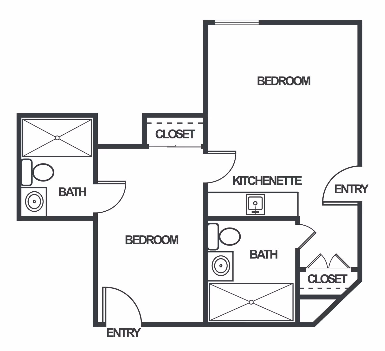 Floor plan layout of a senior living unit at Venice Palms Senior Living showing two bedrooms, two bathrooms, two closets, a kitchenette, and two entry points.