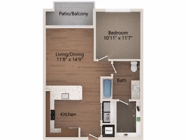Floor plan of a senior living apartment at Overture Powers Ferry showing a bedroom, bathroom, kitchen, living/dining area, and a patio/balcony.