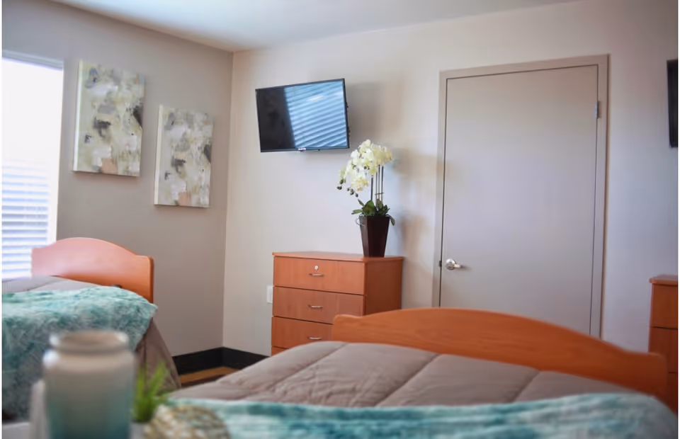A bedroom in a senior living facility with two single beds, each with a wooden headboard and teal blankets. There is a wooden dresser with a potted white orchid on top, a wall-mounted TV above the dresser, and two abstract paintings on the wall near a window with blinds.