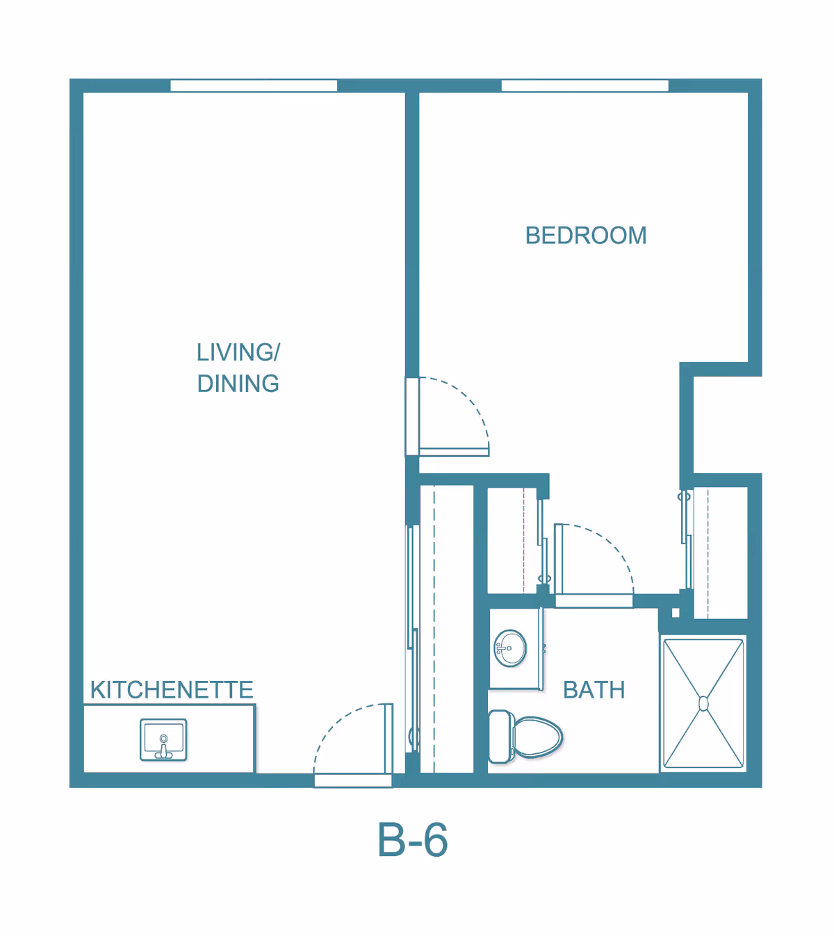 Floor plan layout of a senior living unit labeled B-6 at Jackson Meadow. The plan shows a living/dining area combined with a kitchenette, a separate bedroom, and a bathroom with a sink, toilet, and shower.
