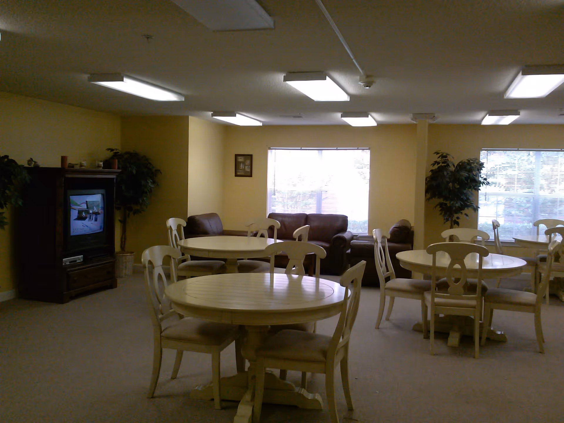 A common area with round tables and chairs arranged for seating, a television in a wooden cabinet on the left, two brown couches near the windows, and potted plants in the corners. The room has beige walls and carpeted floor with fluorescent ceiling lights.