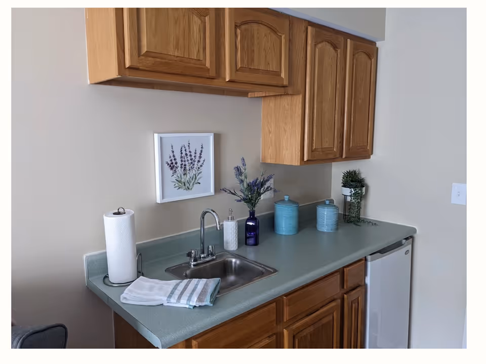 A small kitchen area with wooden cabinets, a stainless steel sink, a paper towel holder, a soap dispenser, a purple vase with flowers, two blue canisters, a small potted plant, and a mini refrigerator. A framed picture of lavender flowers hangs on the wall above the countertop.