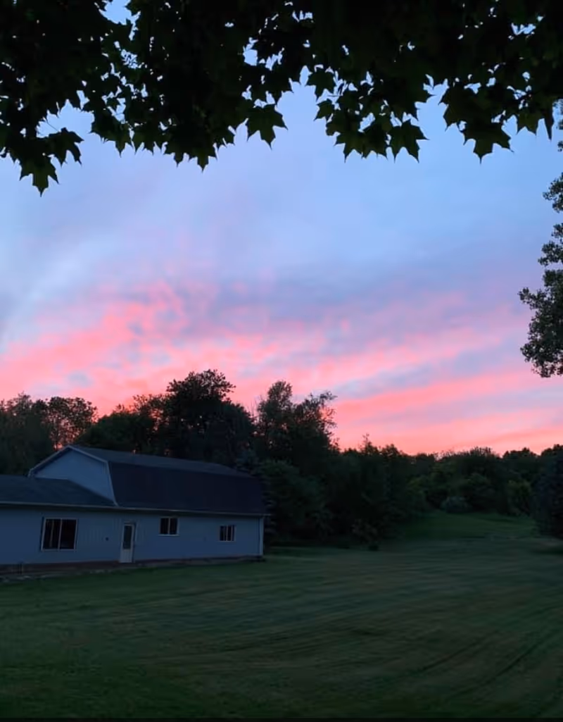 A low light-gray building on a mowed lawn beneath a pink-and-blue sunset sky framed by tree leaves.
