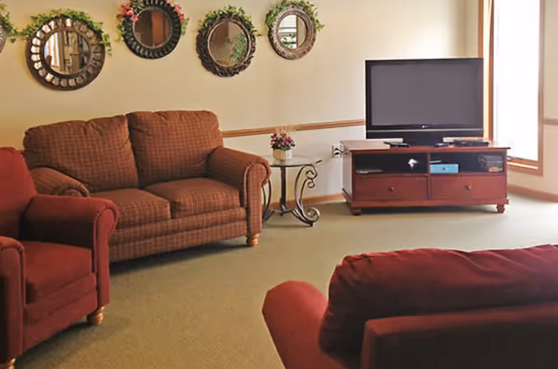 A cozy living room with a brown checkered loveseat, a red armchair, and a red sofa. There is a wooden TV stand with a flat-screen television on it. The wall behind the loveseat has four decorative round mirrors with floral accents. A small glass side table with a flower pot is placed between the loveseat and the TV stand. The room has beige walls and carpeted flooring.