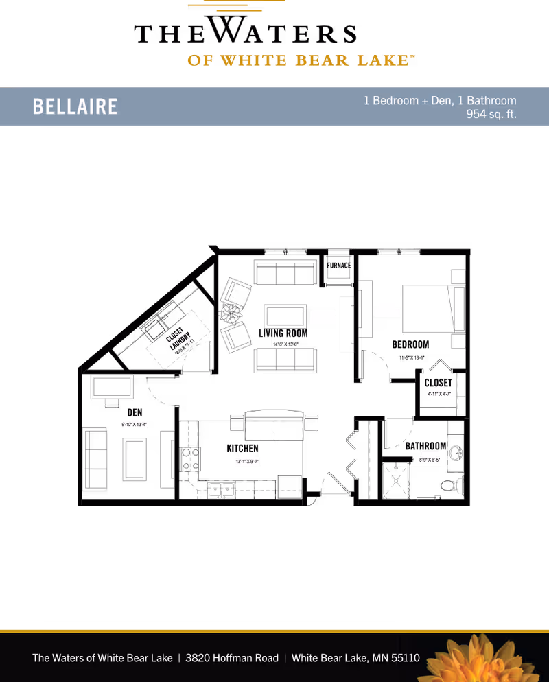 Floor plan layout of a 1 bedroom plus den, 1 bathroom apartment named Bellaire at New Perspective Senior Living in White Bear Lake, showing furniture arrangement and room dimensions within a 954 sq. ft. space.