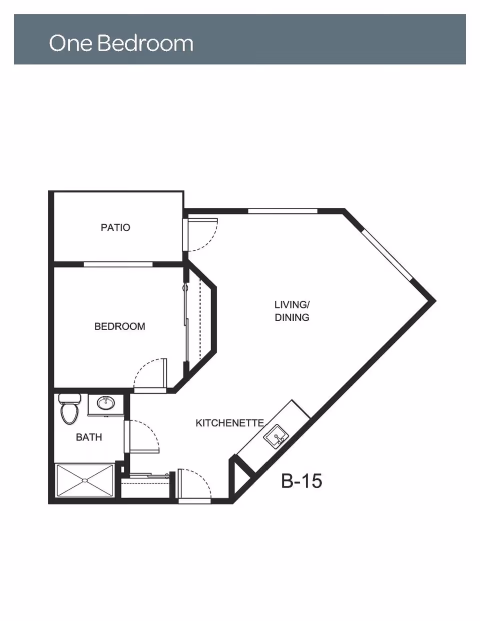 Floor plan of a one-bedroom apartment featuring a patio, bedroom, bathroom, kitchenette, and combined living and dining area.
