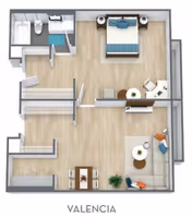 3D floor plan of a one-bedroom apartment named Valencia at Meridian at Laguna Hills, showing a bedroom with a bed and nightstands, a bathroom with a shower, a living room with a sofa and chairs, and a dining area with a table and chairs.