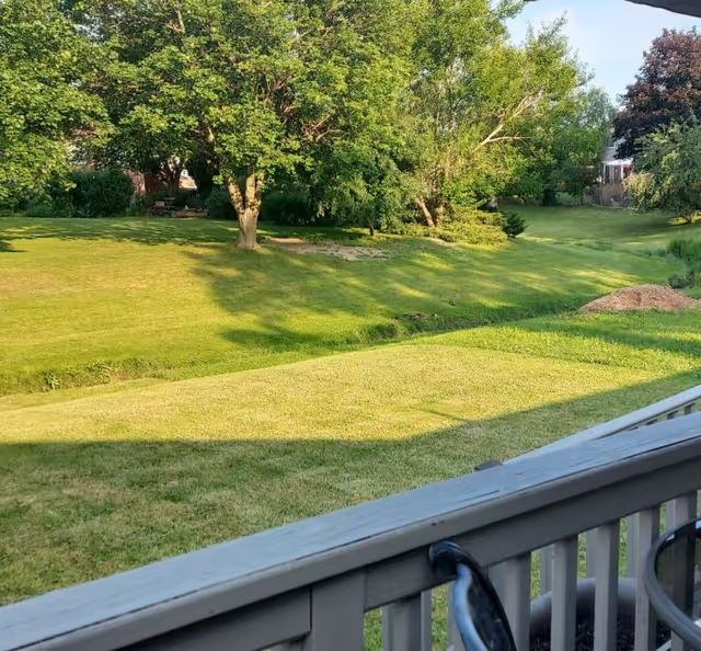 View of a green outdoor area with well-maintained grass, several trees, and bushes. The image is taken from a porch or balcony with a railing and part of a chair visible in the foreground.