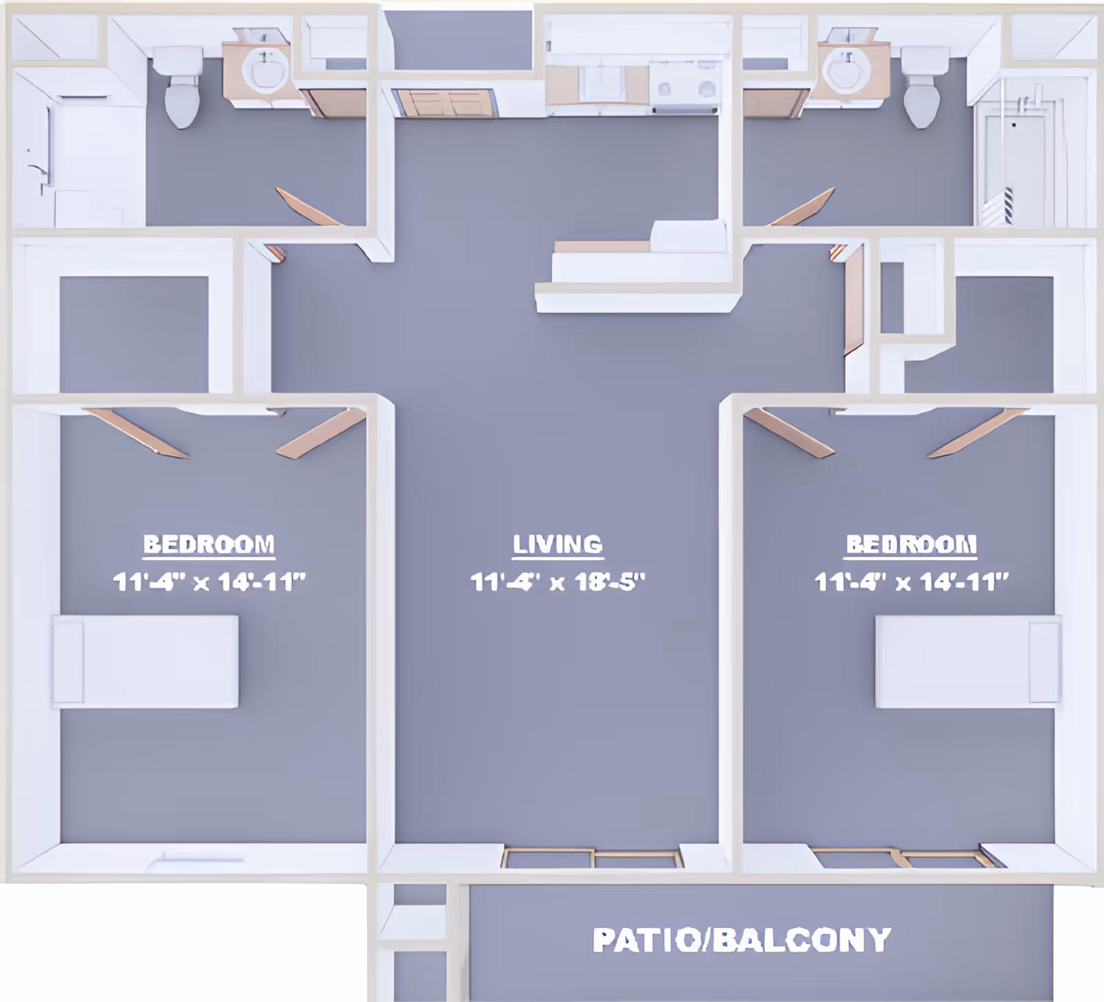 3D floor plan of an apartment layout showing two bedrooms, a living room, two bathrooms, a kitchen, and a patio/balcony. The bedrooms are labeled with dimensions 11'4" x 14'11" each, the living room is 11'4" x 18'5". The layout includes fixtures such as beds, sinks, toilets, and kitchen appliances.