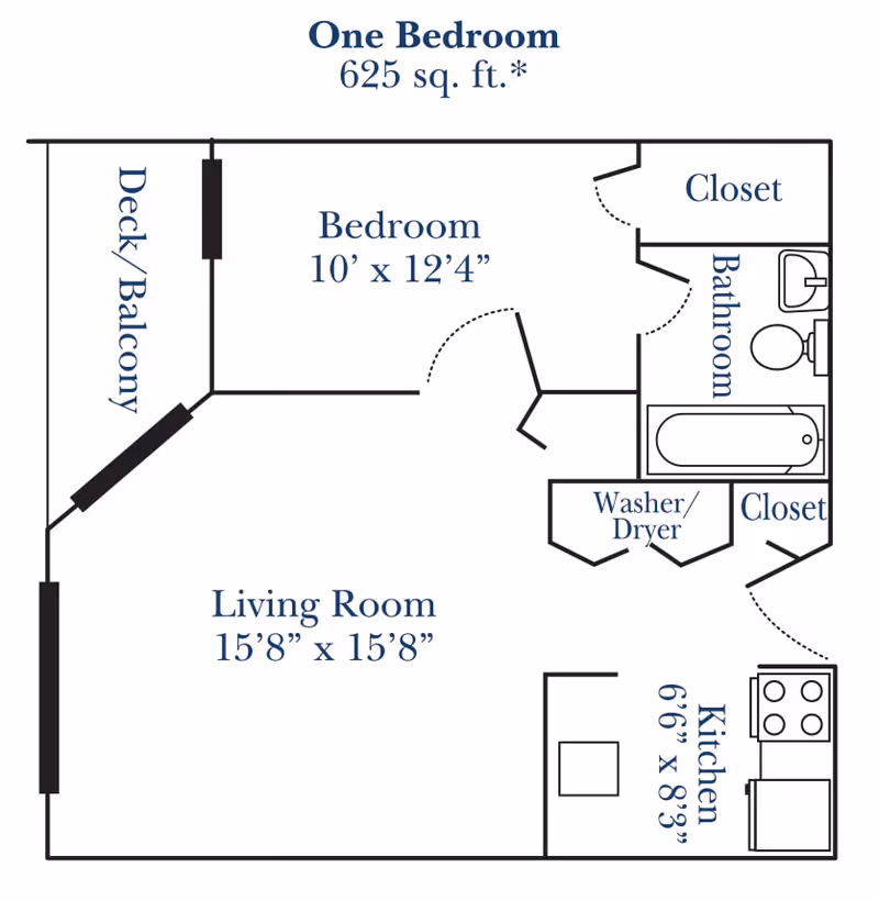 Floor plan of a one-bedroom apartment at Gull Creek, showing a bedroom measuring 10 feet by 12 feet 4 inches, a living room measuring 15 feet 8 inches by 15 feet 8 inches, a kitchen measuring 6 feet 6 inches by 8 feet 3 inches, a bathroom, two closets, a washer/dryer area, and a deck/balcony.
