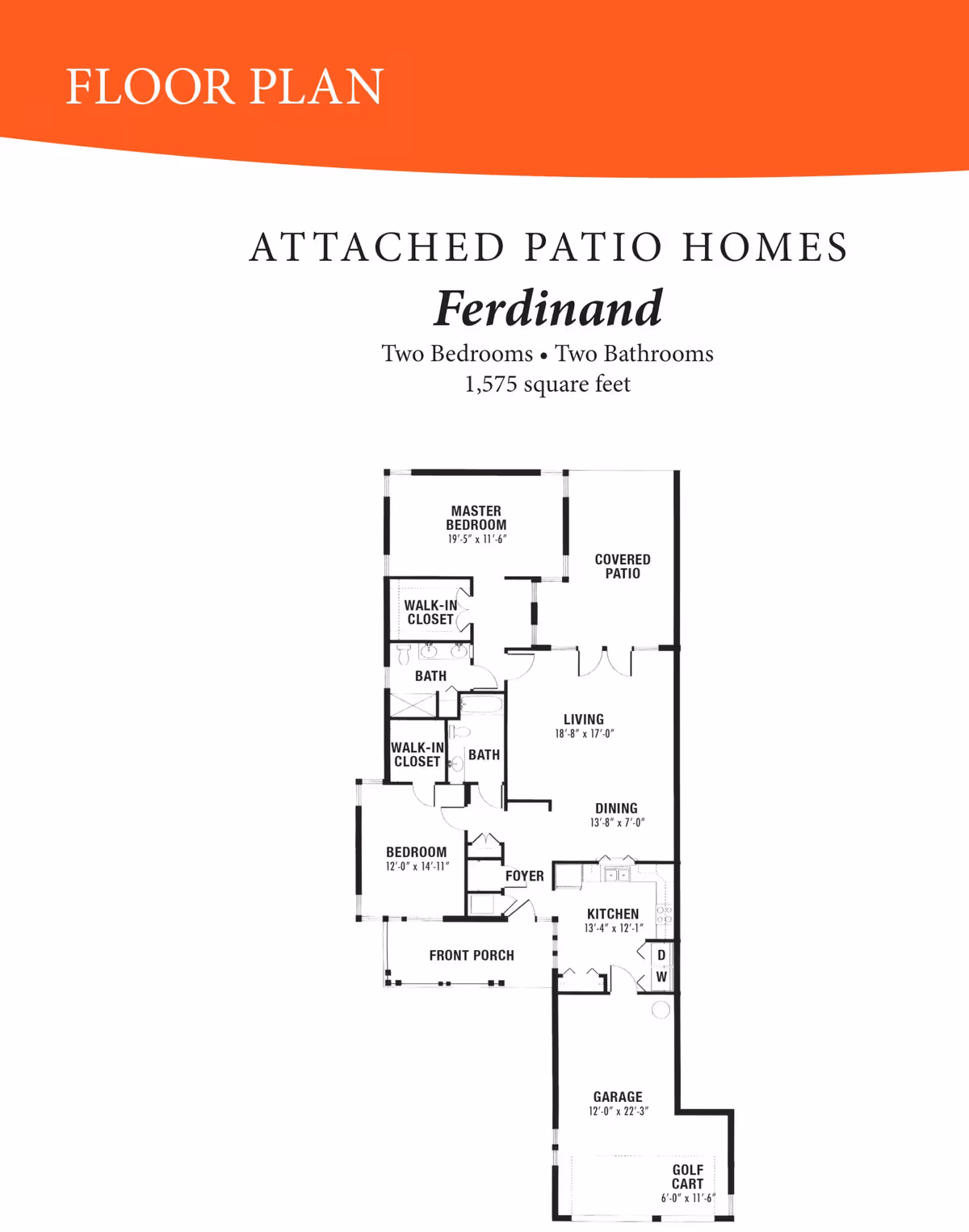 Floor plan of the Ferdinand attached patio home at Westminster St. Augustine showing two bedrooms, two bathrooms, a living room, dining area, kitchen, garage with golf cart space, front porch, covered patio, and walk-in closets.