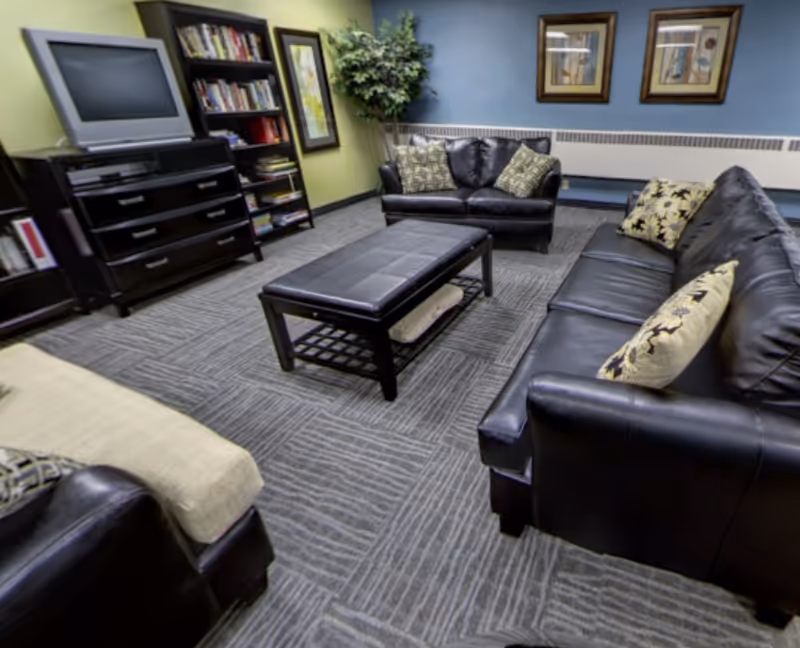 A cozy living room with two black leather sofas and one beige armchair arranged around a black coffee table. The room has a gray patterned carpet, a bookshelf filled with books, a TV on a black stand, framed artwork on the blue wall, and a tall green plant in the corner.