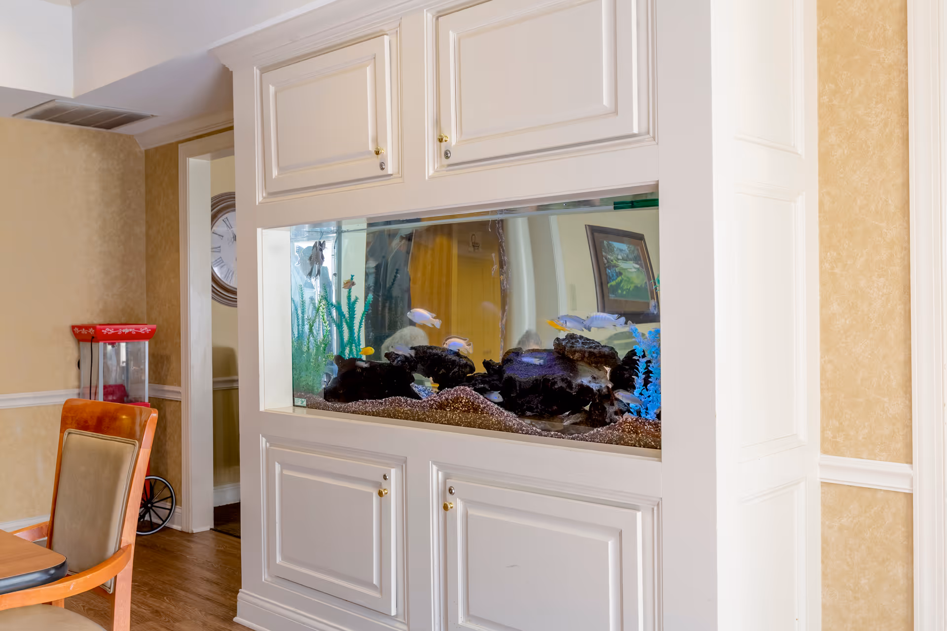 Interior view of a room featuring a built-in aquarium with colorful fish and decorative plants. The aquarium is set within white cabinetry. To the left, there is a wooden chair with a cushioned seat and backrest, and a red popcorn machine is visible in the background near a doorway. The walls are painted beige with white trim, and a large clock is partially visible through the doorway.