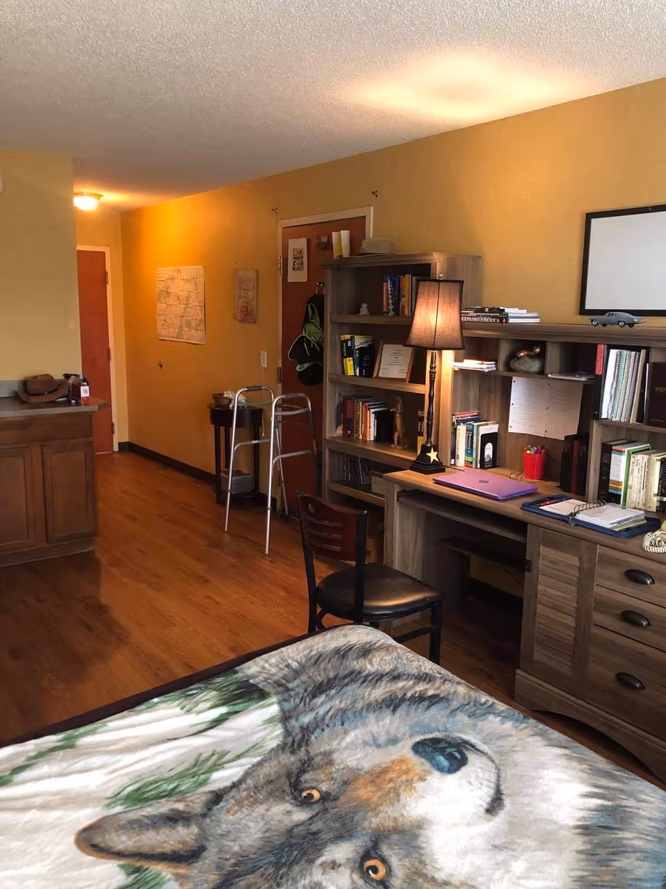 Studio-style bedroom with a wolf-print blanket on the bed, a desk and bookshelf, a chair and a walker against a yellow wall.