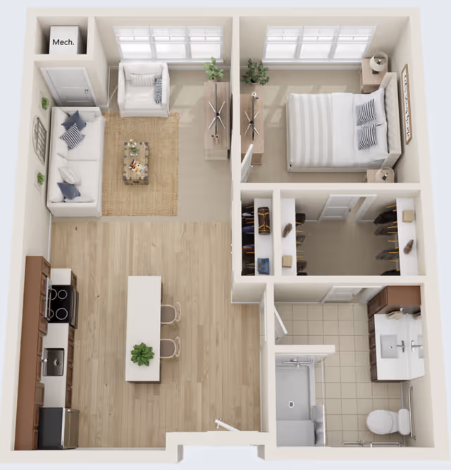 3D bird's-eye floor plan of a one-bedroom senior living apartment with an open kitchen and living area, bedroom, walk-in closet, and bathroom.