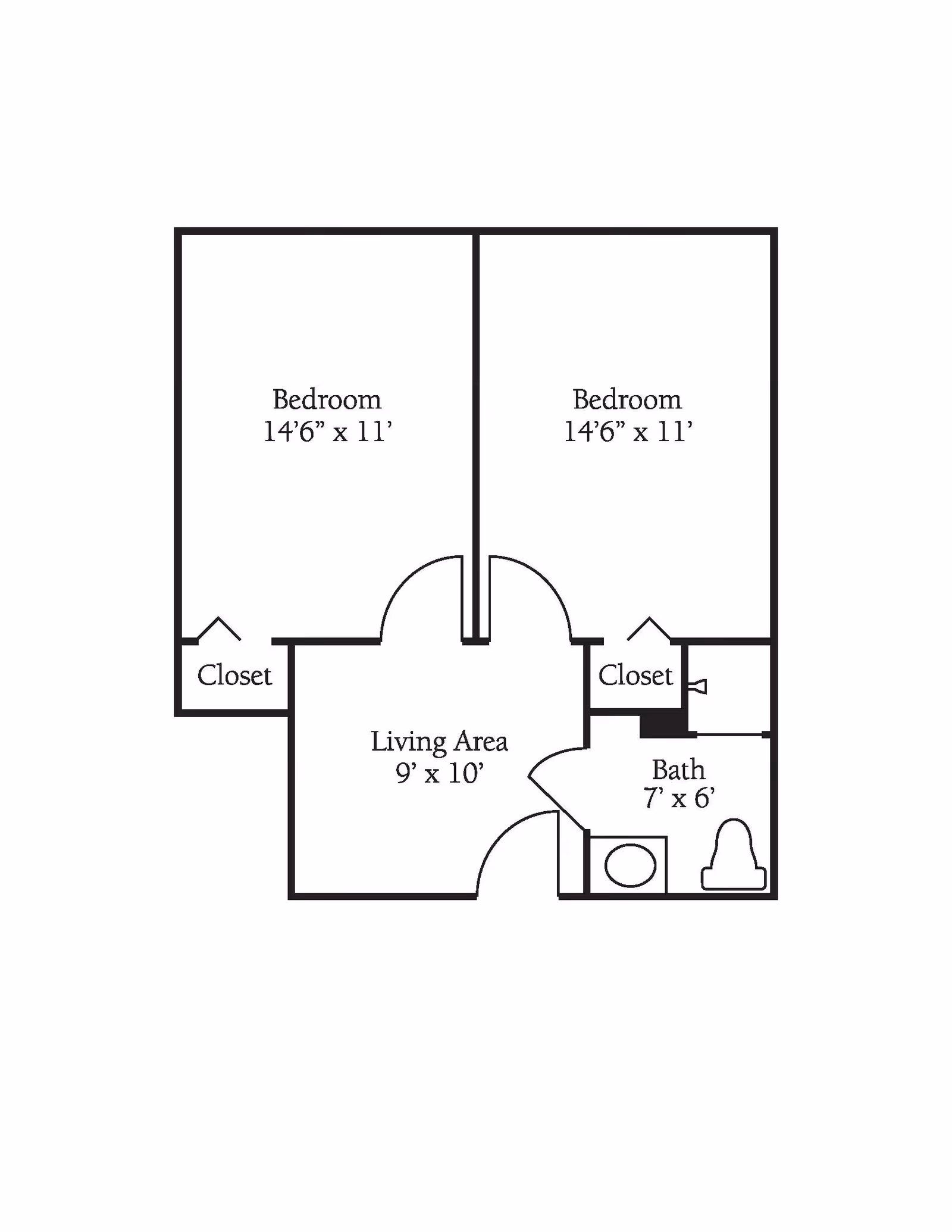 Floor plan showing two bedrooms each measuring 14 feet 6 inches by 11 feet, a living area measuring 9 feet by 10 feet, and a bathroom measuring 7 feet by 6 feet. Each bedroom has a closet, and the bathroom includes a toilet and a sink.