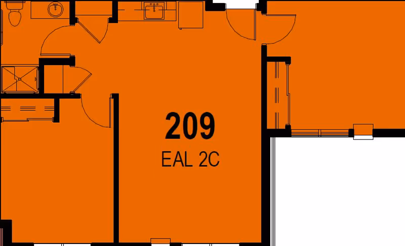 Architectural floor plan showing room 209 labeled EAL 2C with adjacent bathroom and closet areas.