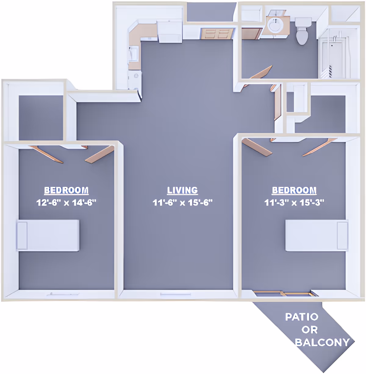 Top-down floor plan of an apartment layout showing two bedrooms, a living room, a kitchen, a bathroom, and a patio or balcony area. The bedrooms are labeled with dimensions, as is the living room. The kitchen is adjacent to the living room, and the bathroom is located near one of the bedrooms.