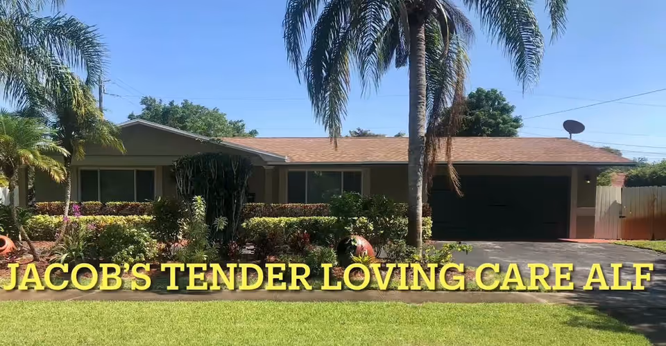 Single-story house with palm trees and a landscaped front yard, with large yellow text reading "JACOB'S TENDER LOVING CARE ALF" across the bottom.