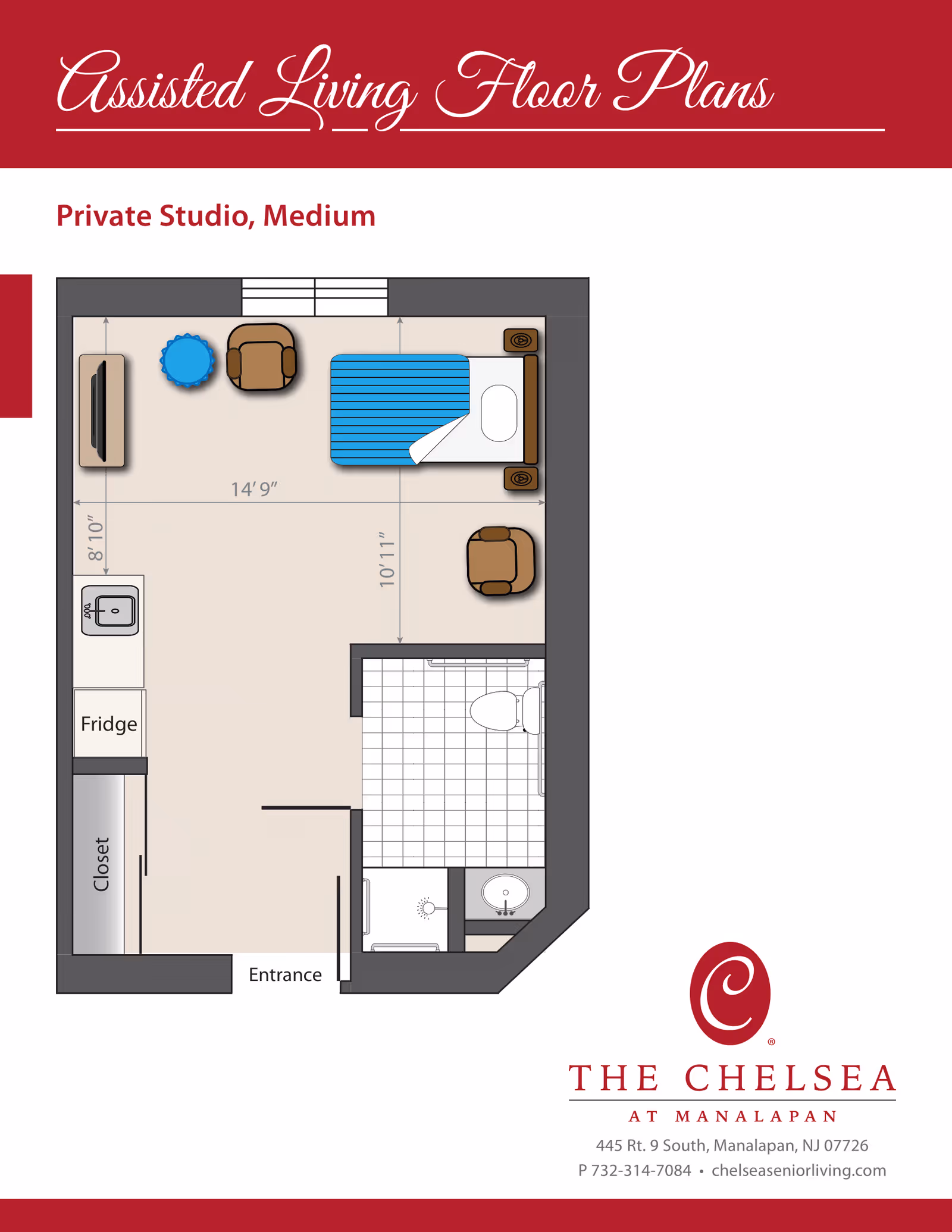 Floor plan diagram of a private studio assisted living apartment with a bed, seating area, kitchenette, closet, bathroom, and entrance.