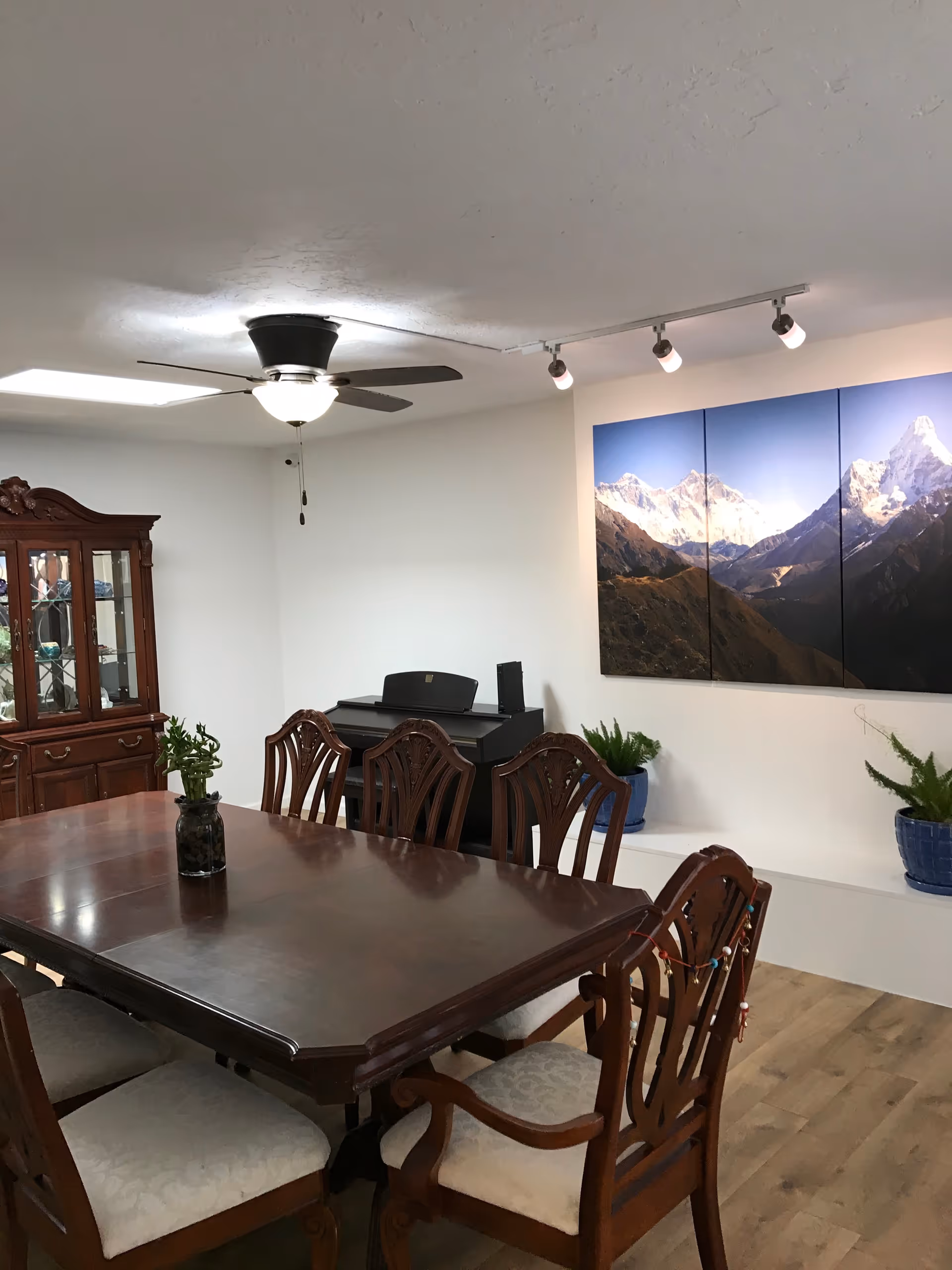 A dining room with a dark wooden table surrounded by six matching chairs with light-colored cushions. A ceiling fan with a light is mounted above the table. On the left side, there is a wooden china cabinet with glass doors displaying dishes. On the right wall, there is a large triptych photo of a mountain landscape, and two blue pots with green plants are placed on a white ledge beneath the photo. The floor is wooden.