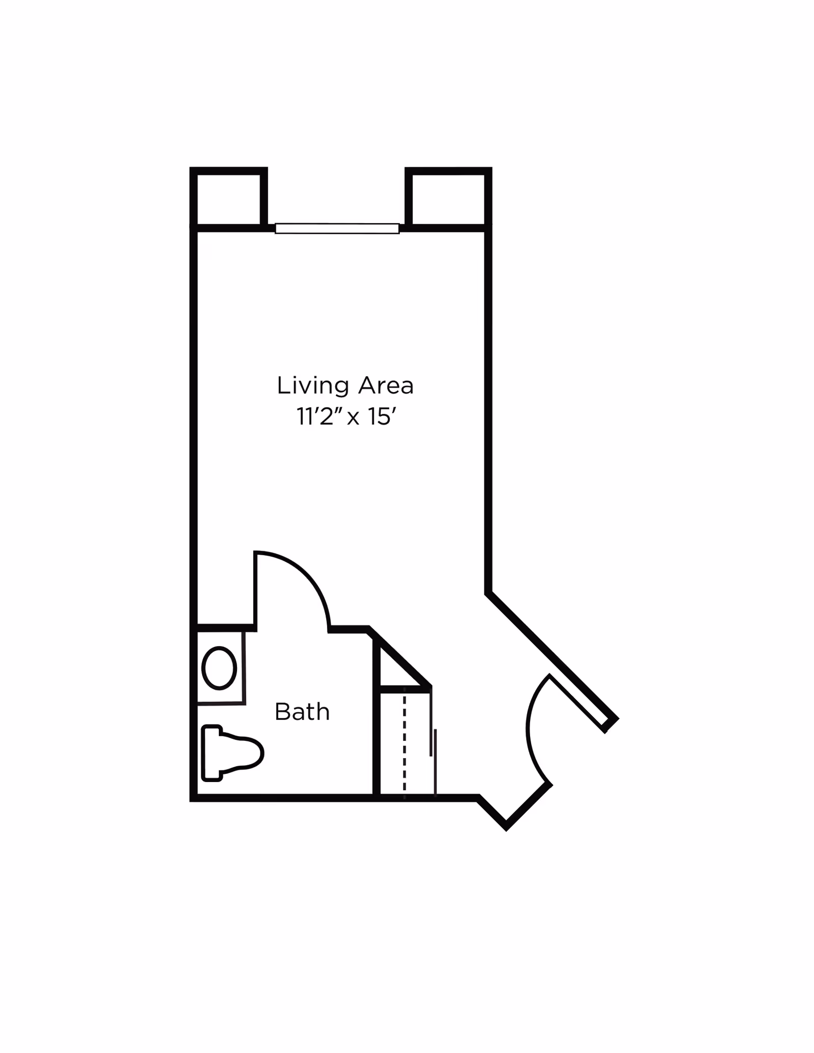 Floor plan layout showing a living area measuring 11 feet 2 inches by 15 feet, with an attached bathroom including a toilet and sink.