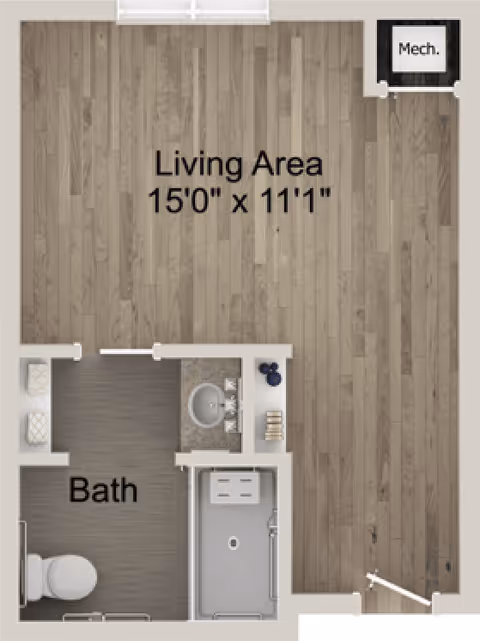 Floor plan showing a living area measuring 15 feet by 11 feet 1 inch, connected to a bathroom with a toilet, sink, and bathtub. There is also a small mechanical room labeled 'Mech.'