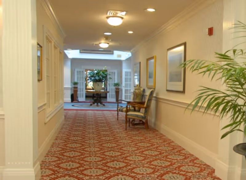 A well-lit hallway with patterned red carpet, cream-colored walls, and crown molding. There are framed pictures on the right wall, two upholstered chairs, and a large potted plant on the right side. At the end of the hallway, there is a round table with a large plant and two smaller plants on either side, with double glass doors behind it.