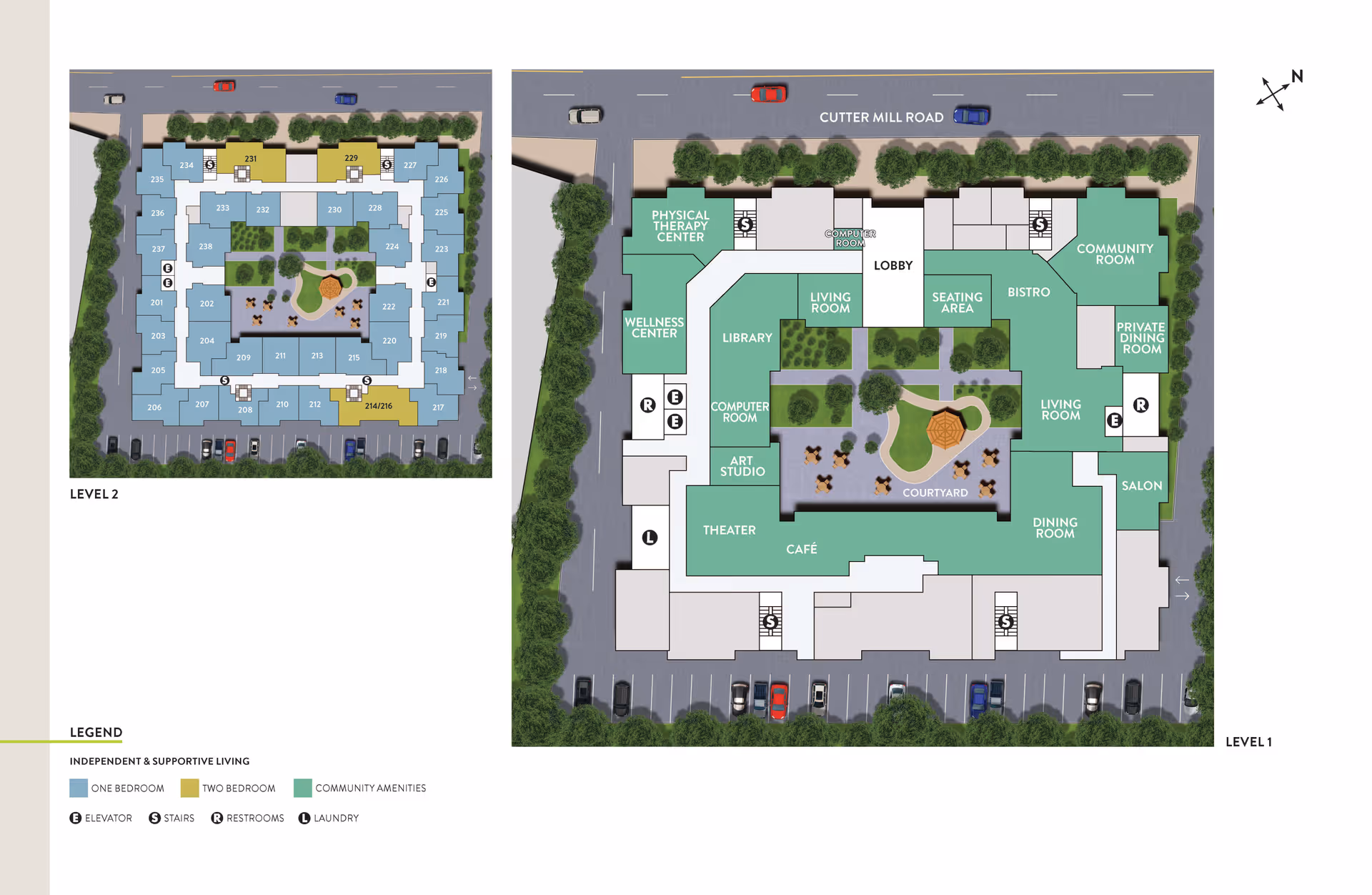 Floor plans of Atria Cutter Mill showing Level 1 and Level 2 layouts. Level 1 includes community amenities such as a physical therapy center, wellness center, library, computer room, art studio, theater, café, lobby, seating area, bistro, community room, private dining room, salon, dining room, and two living rooms surrounding a central courtyard. Level 2 shows residential units with one-bedroom and two-bedroom apartments arranged around a central courtyard. The legend indicates symbols for elevators, stairs, restrooms, and laundry. The building is bordered by Cutter Mill Road and parking areas.