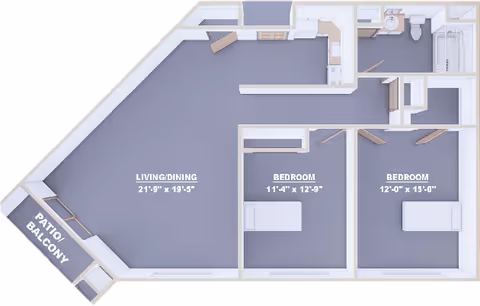 Rendered top-down floor plan of a two-bedroom apartment showing a large living/dining area, two bedrooms, kitchen, bathroom, and a patio/balcony.