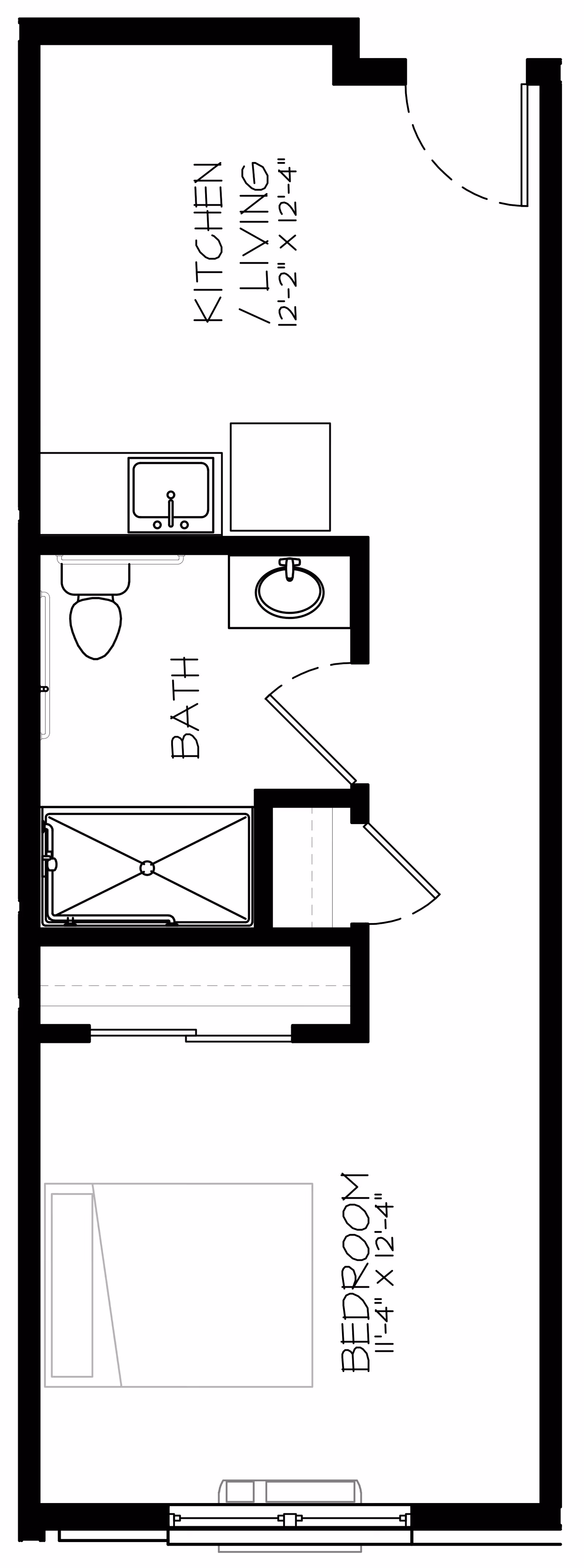 Architectural floor plan of a senior living unit at Archwood Senior Living West showing a bedroom, bathroom, and combined kitchen/living area with dimensions.