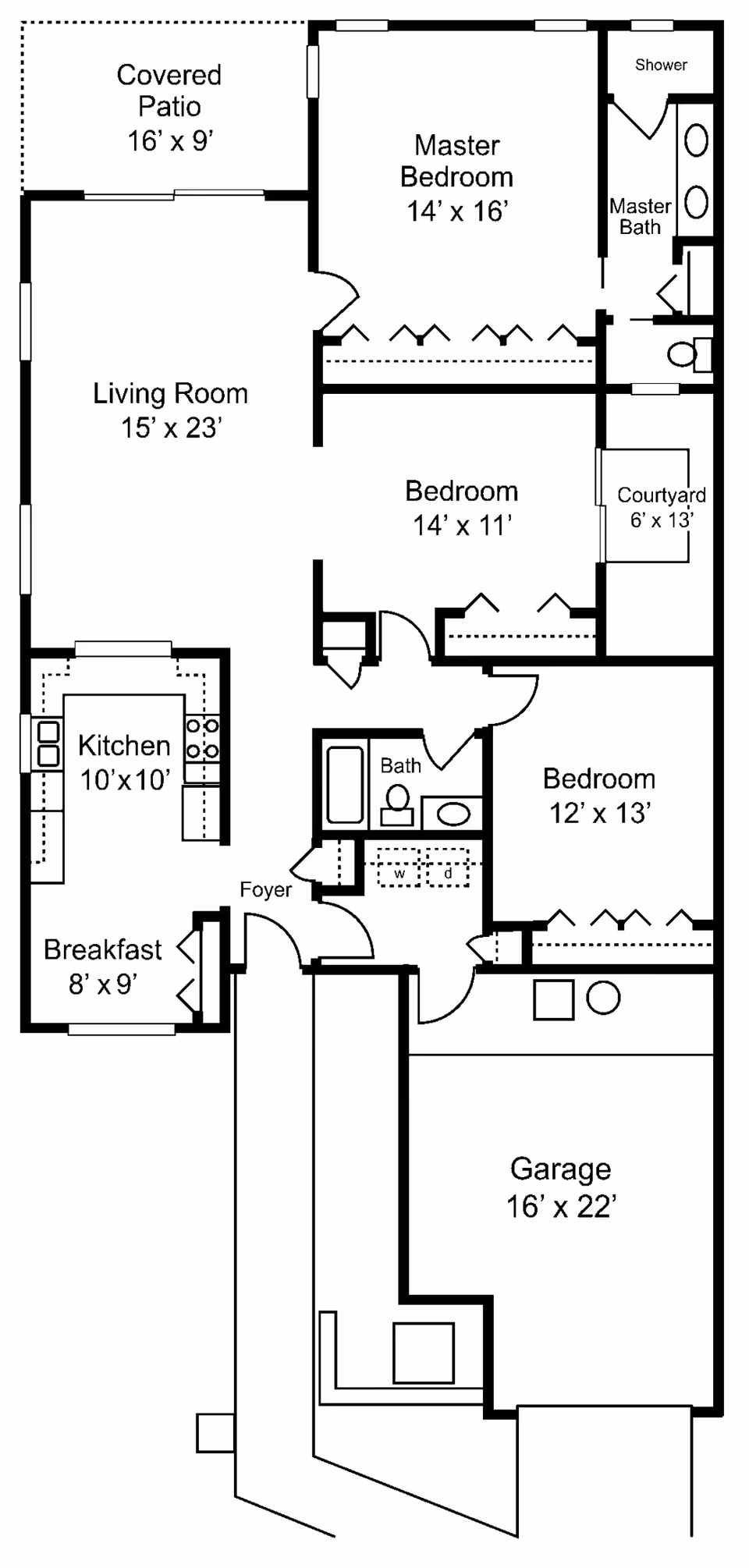 Architectural floor plan of a residence at Cypress Village showing a covered patio, living room, kitchen, breakfast area, foyer, three bedrooms including a master bedroom with master bath and shower, an additional bath, a courtyard, and a garage.